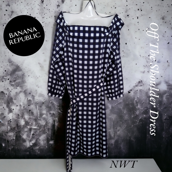 NWT!! Banana Republic Popular Navy Blue White Squares Off The Shoulder Dress!!💖 - Picture 10 of 11